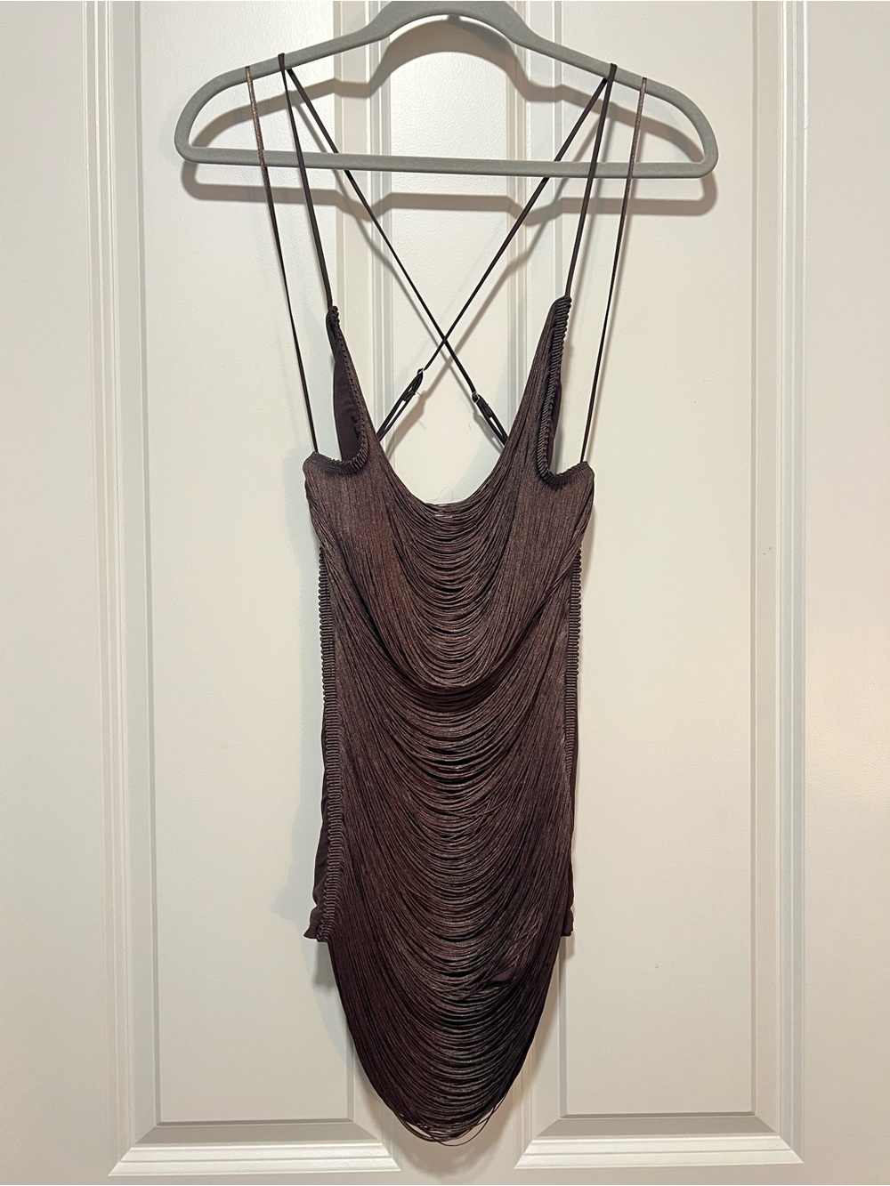 Brown Draped Cowl Neck Dress with Strappy Back